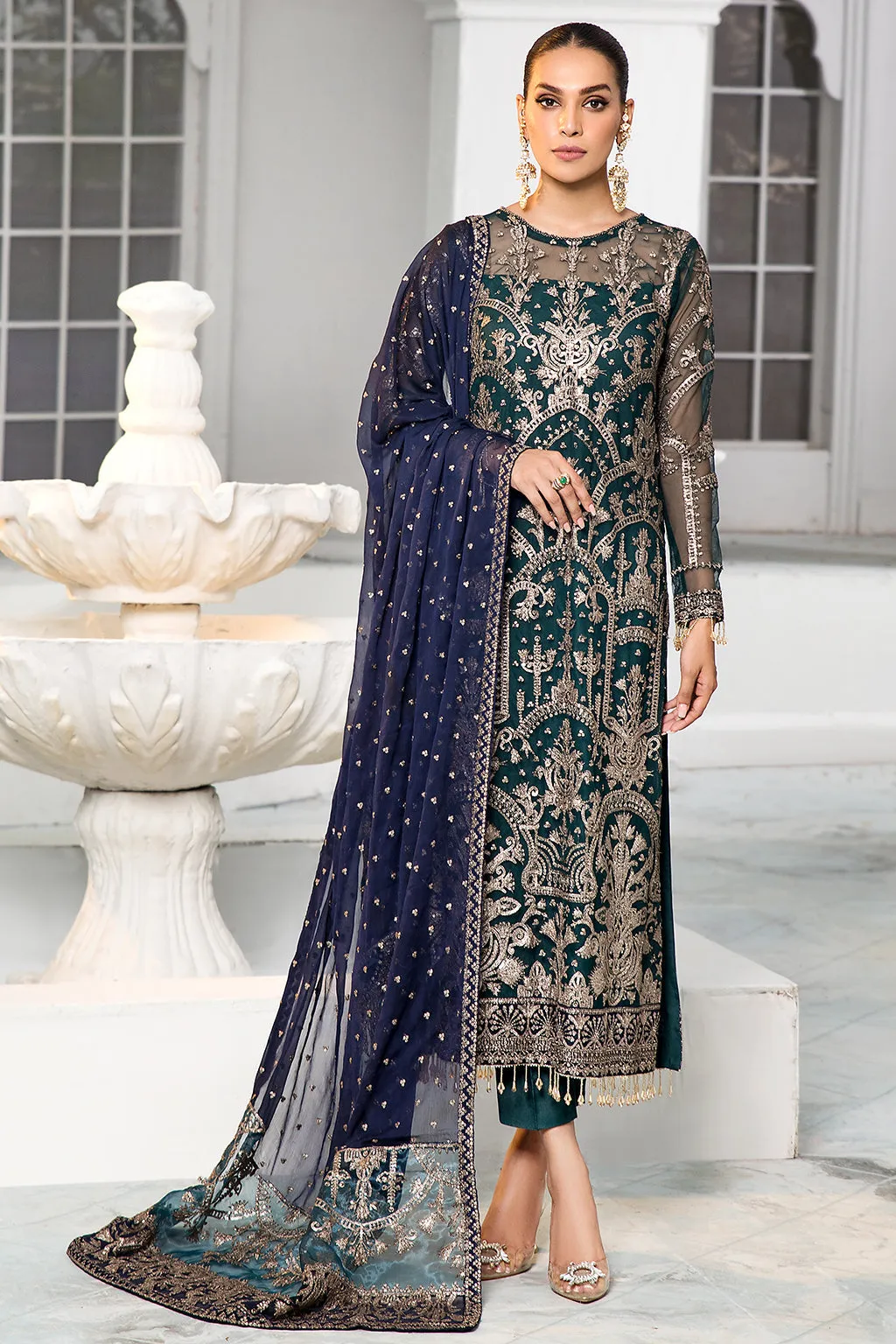 Maria B Green Pakistani Kameez in Capri Style with Dupatta party Wear