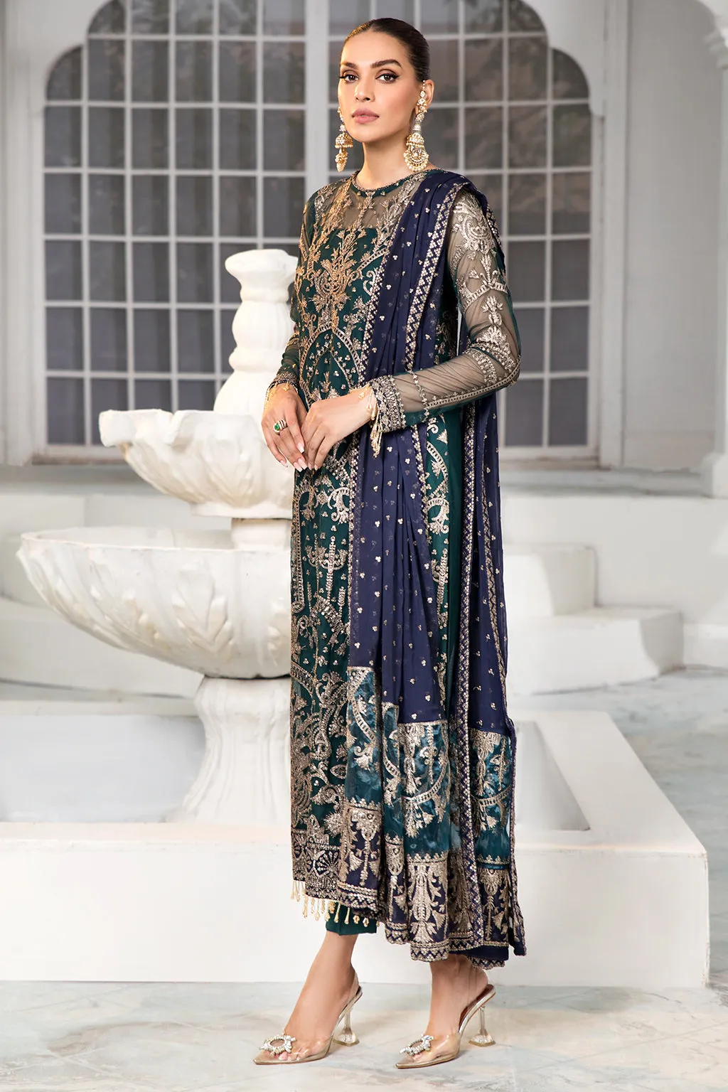 Maria B Green Pakistani Kameez in Capri Style with Dupatta party Wear